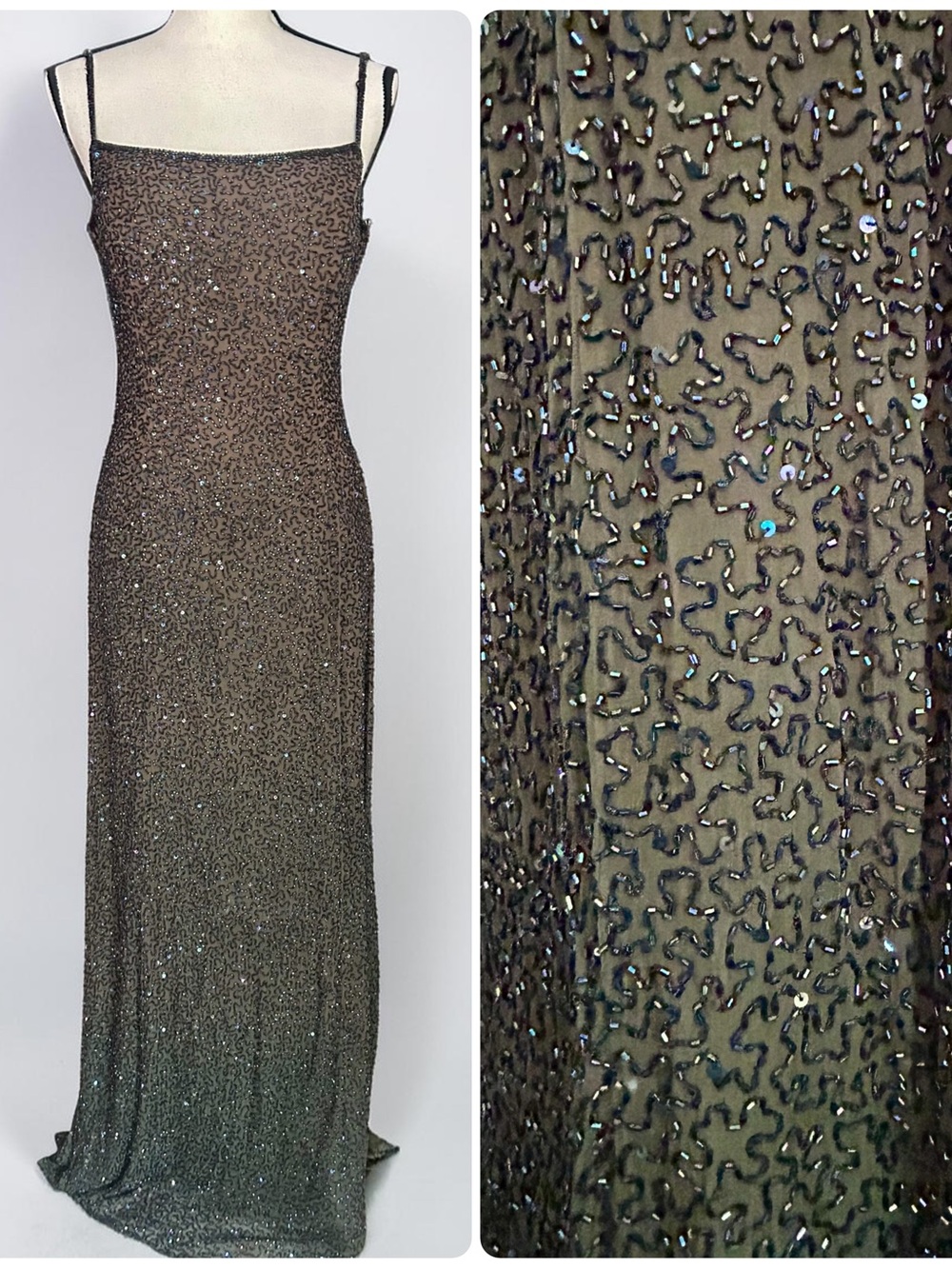 Vintage Je' Matadi Sean Mehta Pure Silk Hand-Beaded Evening Gown Sz L Runs Small